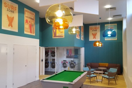 Astor House's bespoke designed Sky Lounge, with unique areas for laundry as well as seating and a pool table 