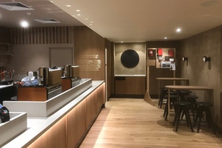 Starbuck, Euston Station, London - preparation area and bar stool seating