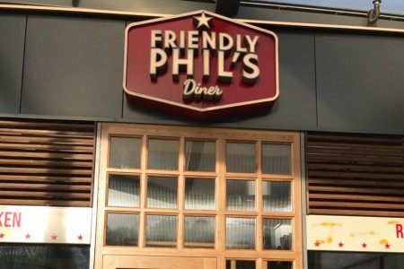 Friendly Phil's Diner - shopfront door and branding