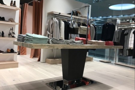 Reiss, Canary Wharf - bespoke display table and wooden floor