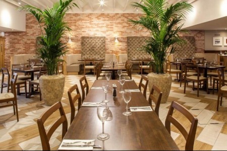 Prezzo, Abergavenny - interior with dark wooden tables and chairs, wooden floorings, large plants, brick walls