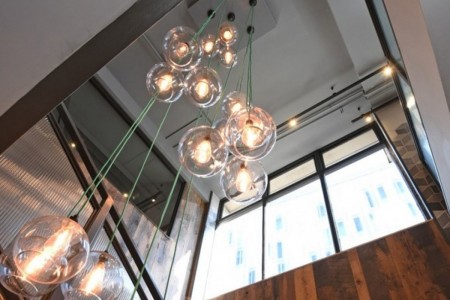 Shake Shack, Leicester Square - close up of bespoke light fitting 