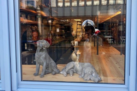 Megan's, Wimbledon - dog statues in window of restaurant 