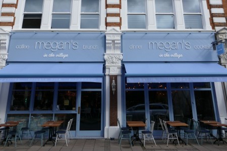 Megan's, Wimbledon - exterior blue and white branding, tables and chairs