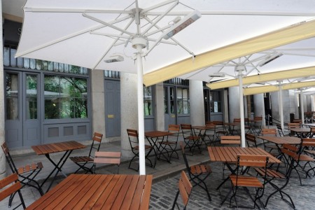 Shake Shack, Covent Garden - exterior seating area with wooden tables and chairs under white umbrellas