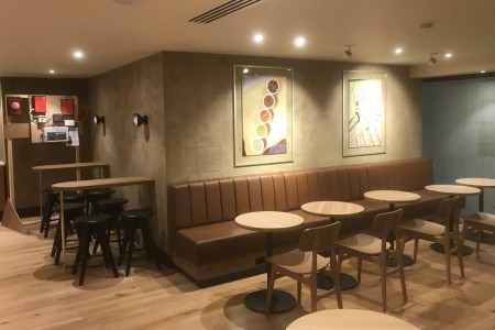 Starbuck, Euston Station, London - tables and chairs, neutral colours