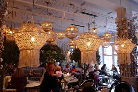 Megan's, Wimbledon - macrame lampshade close ups, customers sat at tables underneath them