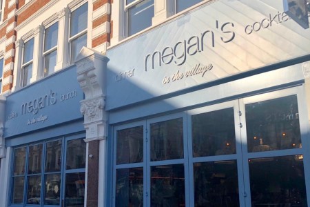Megan's, Wimbledon - close up of exterior blue and white branding