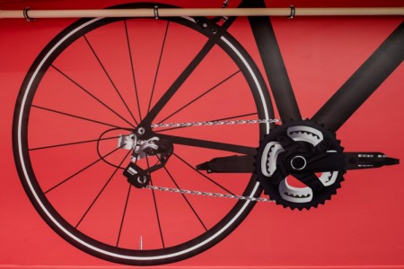 Prudential Buildings, Bristol - red wall with bike wheel graphic