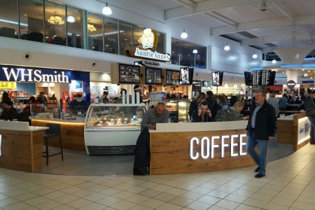 Auntie Anne's Luton Airport with its new bespoke wooden counters with lit up signage