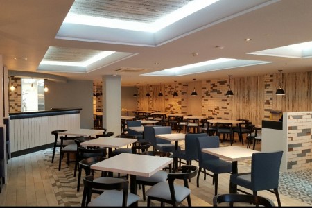 Prezzo, Chippenham - white tables, blue chairs, distressed tiling and floor tiling 