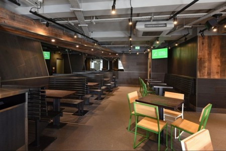Shake Shack, Leicester Square - wooden tables and chairs, benches, wooden cladding