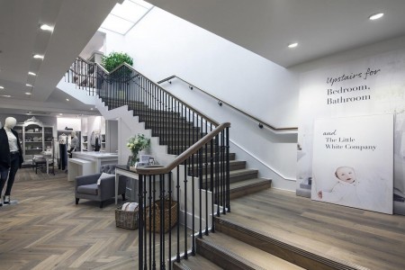 The White Company, Norwich - signage on stairs outlining what services are on what floor, bespoke staircase