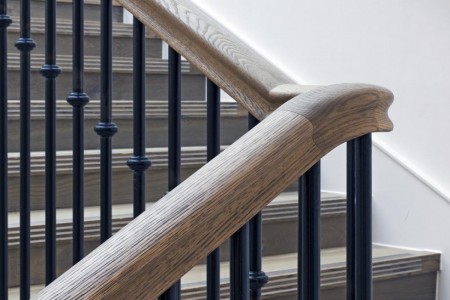 The White Company, Norwich - bespoke wooden handrail close up with metal spindles
