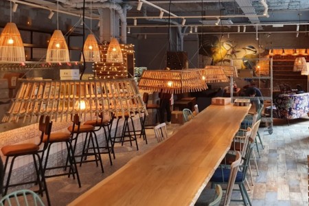 Megan's, Islington - long timber table with tables, bar stools, wooden lampshades